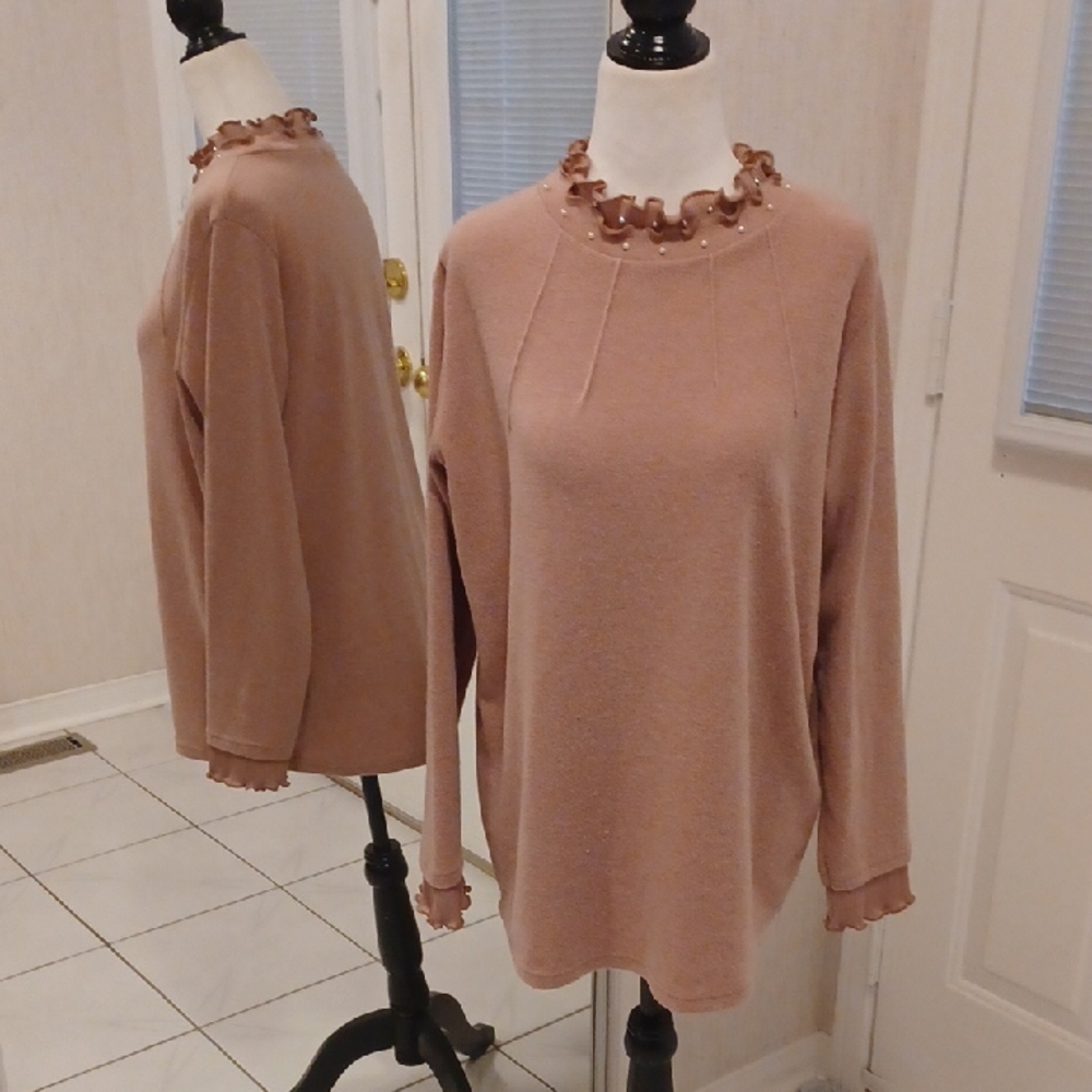 4/$80 Elegant Dusty Rose Sweater with Ruffle Bejewelled Neckline - Fits Size XL
